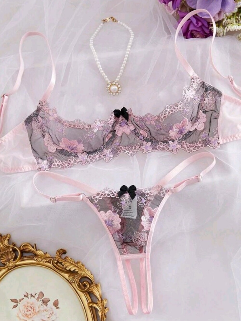 ROMWE Kawaii Floral Embroidered Mesh Wire Padded Lingerie Set Size XL
